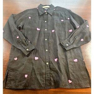 Casey Coleman 100% Black Linen Pink Embroidered Hearts Medium Vintage Valentines